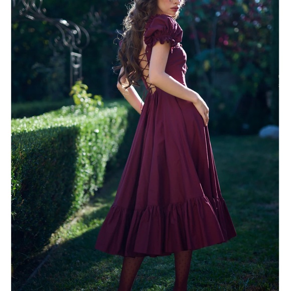 NEW Selkie The Bordeaux Foxglove Lace Up Midi Cotton Dress - Burgundy Wine Red - Picture 3 of 11
